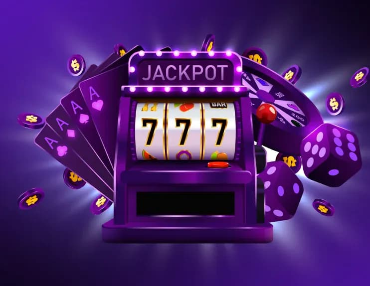 Purple illustrated jackpot slot machine showing three sevens