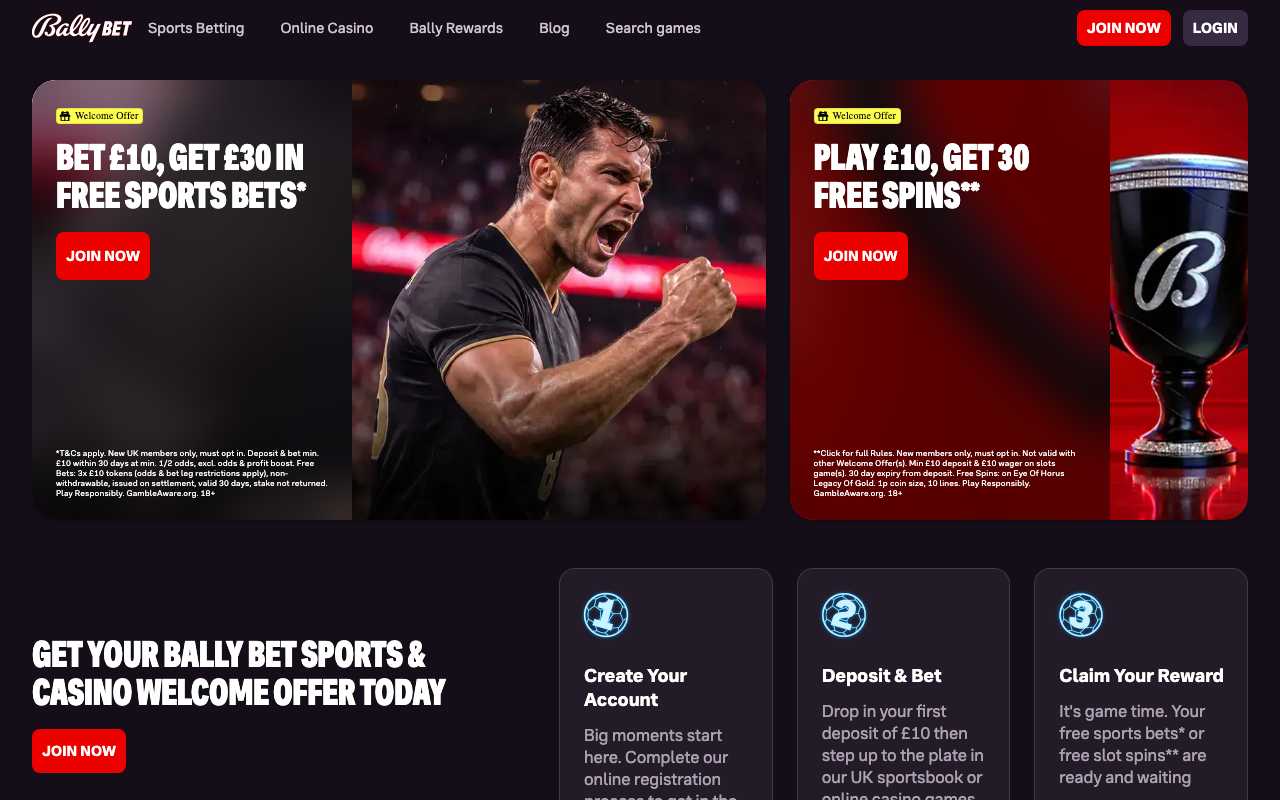 Bally Casino homepage showing a distinct branded service