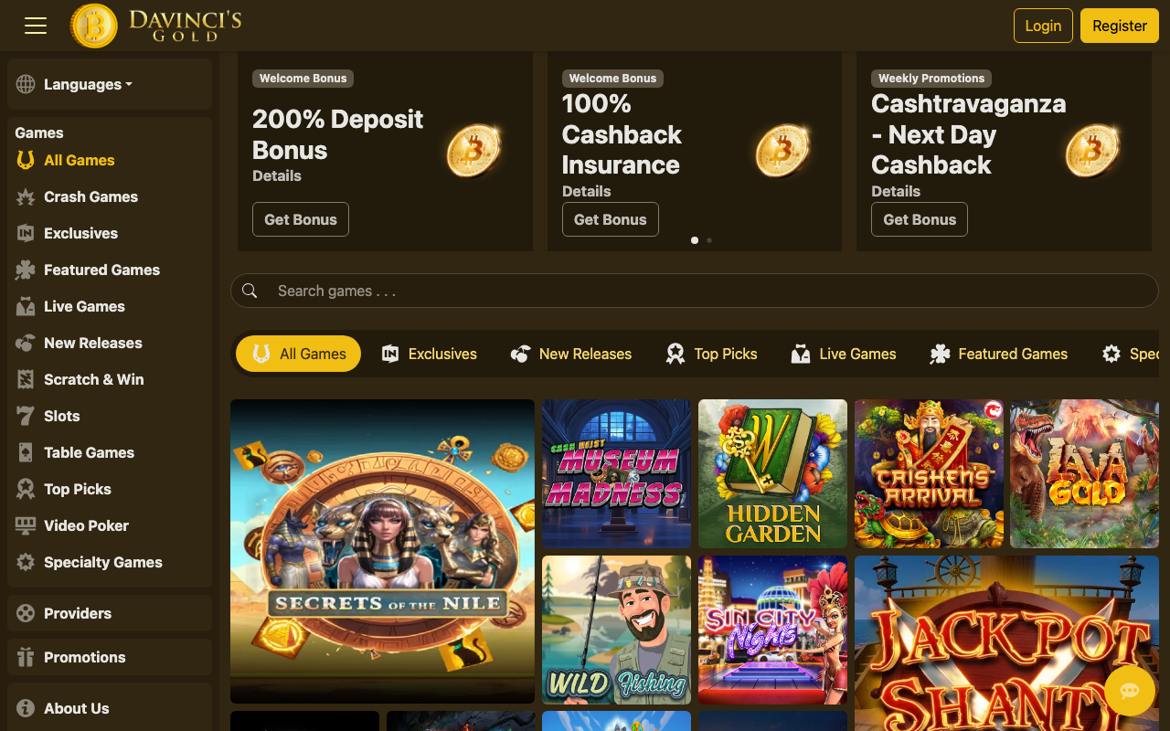 DaVinci’s Gold casino homepage showing its brand and game lobby