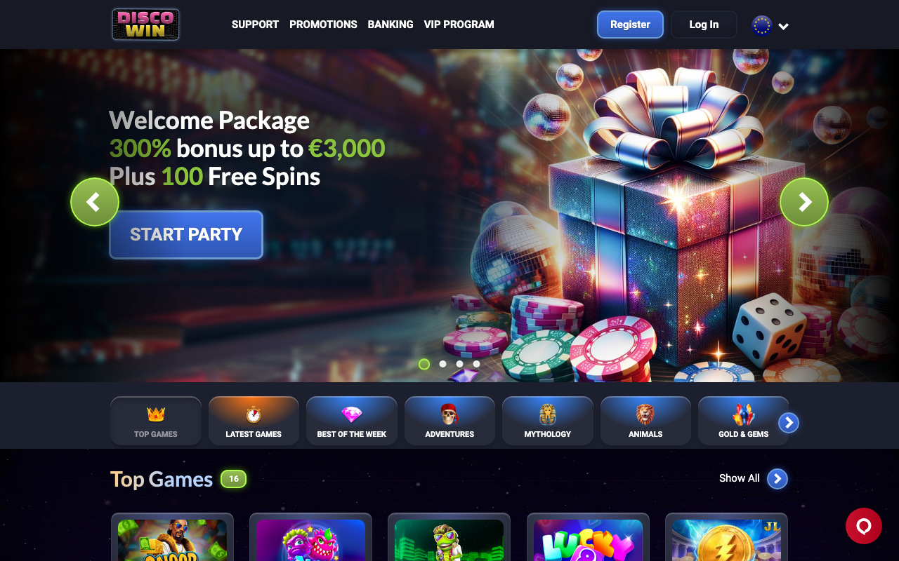 Disco Win casino homepage at discowin.com with its distinct lobby