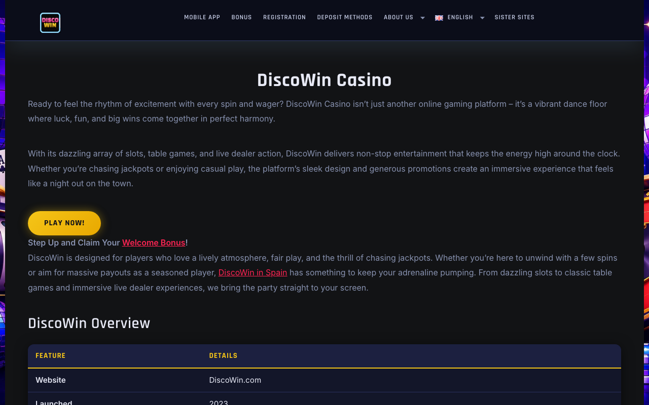 Different Disco Win homepage at disco-win.com with a dark layout