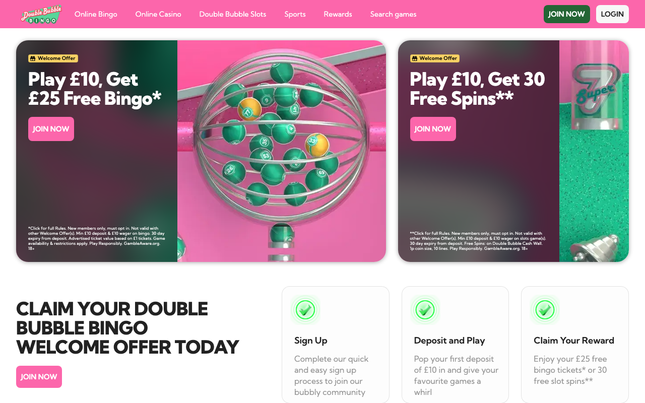 Double Bubble Bingo homepage showing its online bingo and free-spins headlines