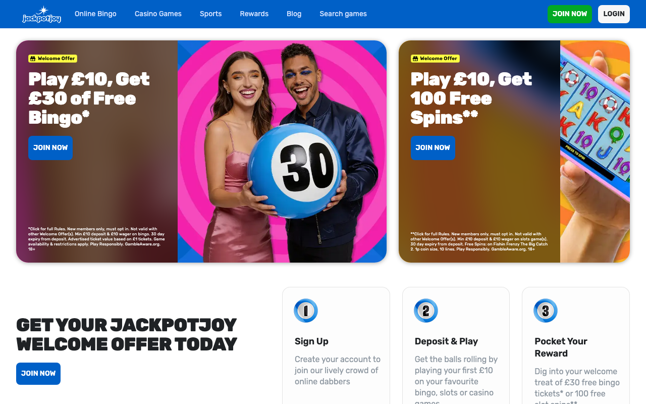 Jackpotjoy homepage with its branded navigation and bingo and casino panels