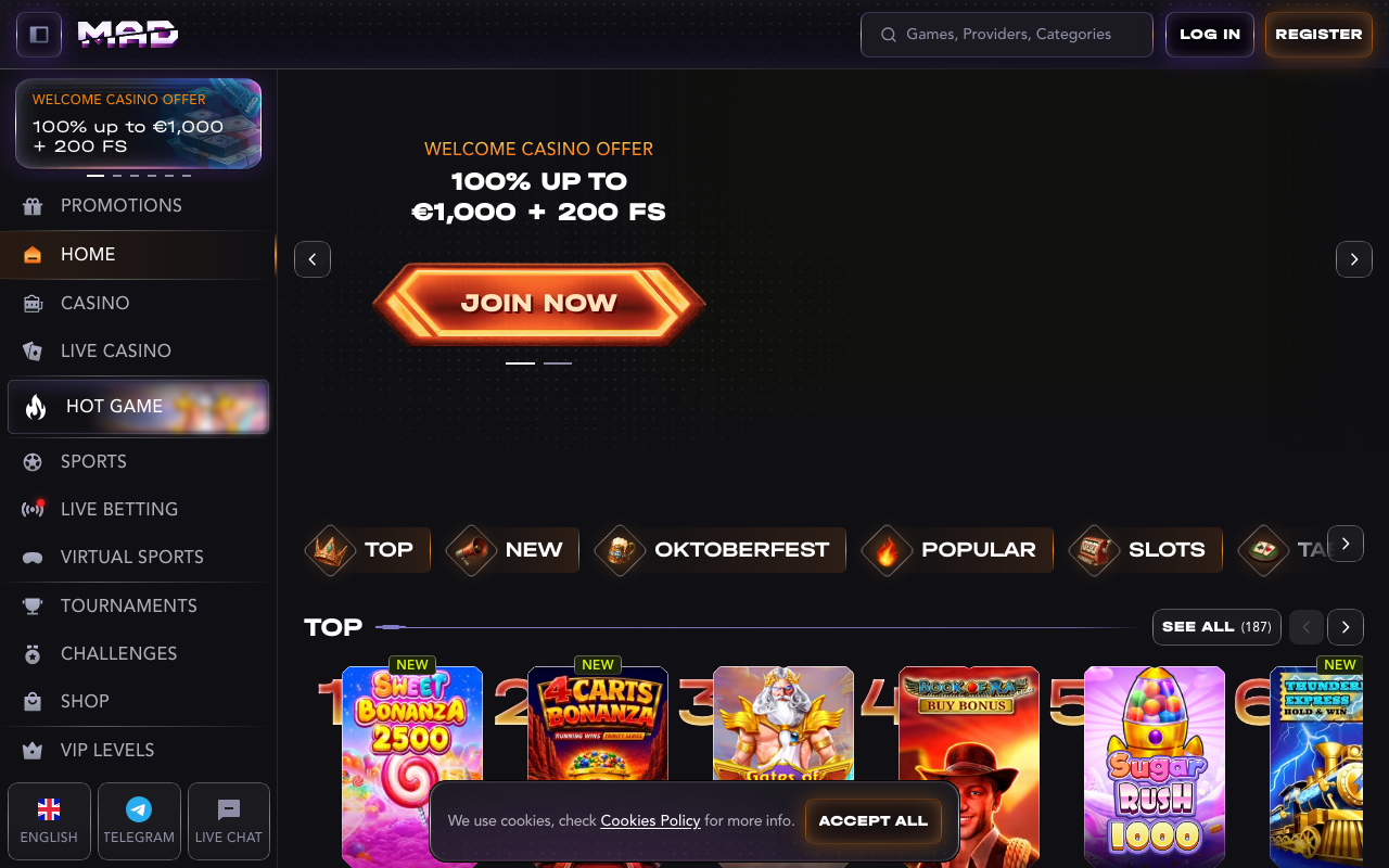 Mad Casino homepage reached after madcasino.com redirected to madcasino232.com