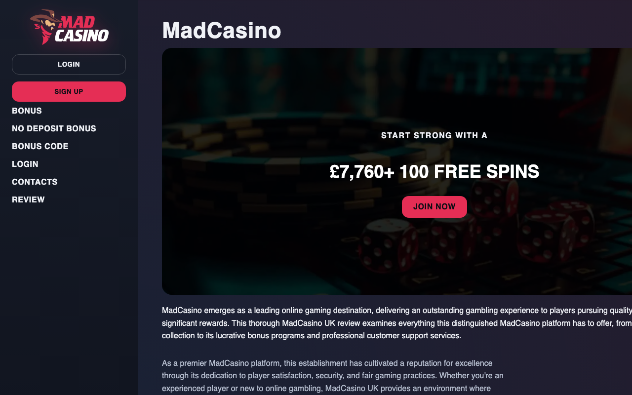 Homepage of mad-casino.uk.net with its Mad Casino branding