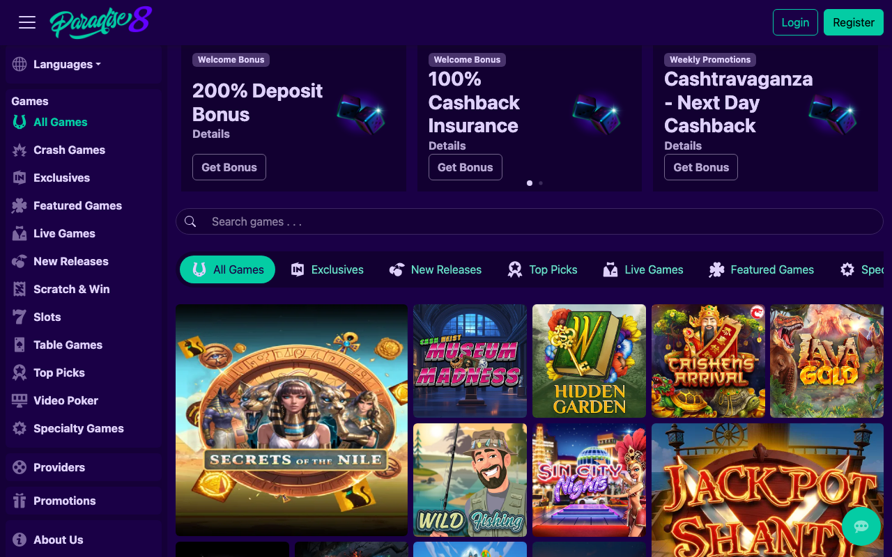 Paradise8 casino homepage showing a separate brand presentation