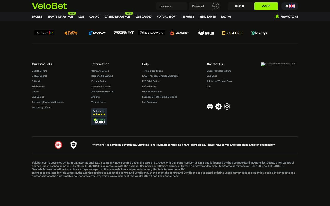 Velobet homepage footer with company information beneath site navigation