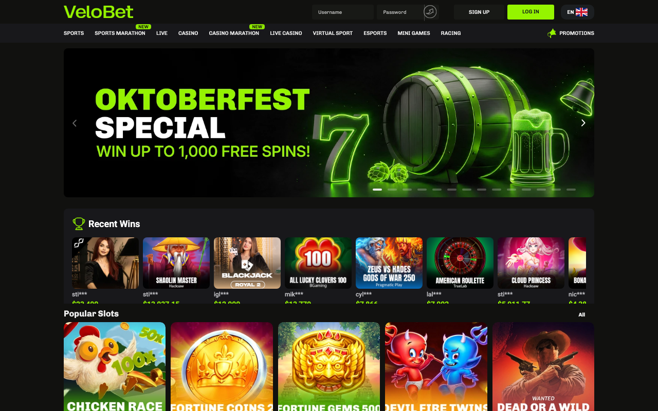Velobet homepage with its green logo and main navigation